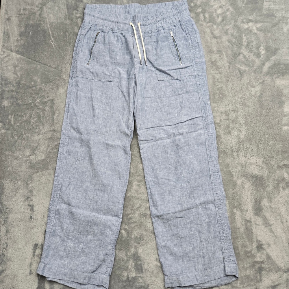 Athleta Womens Size 14 34x30 Blue Linen Wide Leg Drawstring Pants Zip Pockets